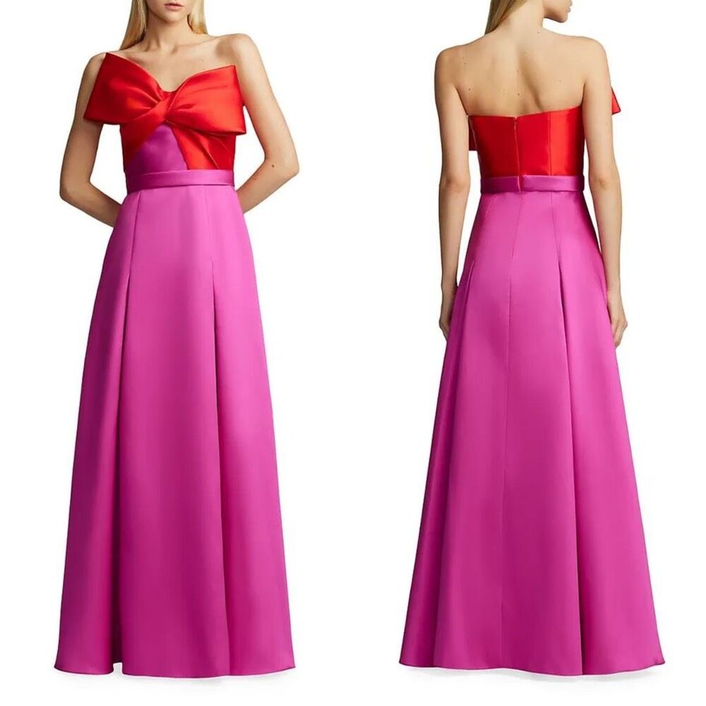Zac Posen Red and Fuchsia Satin Strapless Maxi Gown - Picture 2 of 7